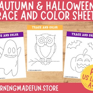 May include: Three printable trace and color sheets featuring Halloween and autumn themes. The sheets include a ghost, an owl, and a pumpkin with bats. The text "AUTUMN & HALLOWEEN TRACE AND COLOR SHEETS" is at the top. The sheets are labeled "TRACE AND COLOR".