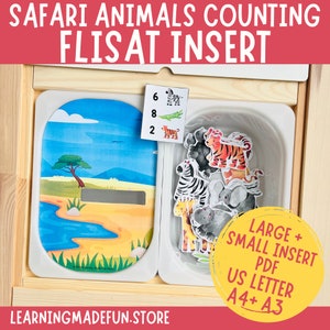 Pode incluir: Uma atividade de contagem de animais de safári imprimível para um inserto FLISAT. O inserto apresenta uma cena de safári com um lago e uma árvore. Os animais incluem uma zebra, um crocodilo, um tigre, uma girafa, um hipopótamo e um elefante. Os números 6, 8 e 2 são visíveis em um cartão.
