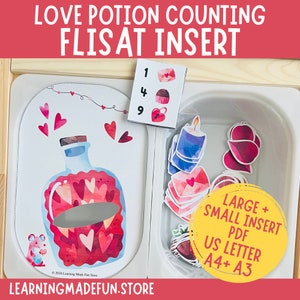 May include: A printable love potion counting activity for a FLISAT insert. The activity includes a bottle with hearts, a candle, and a cupcake. The numbers 1, 4, and 9 are visible on the card. The text "LARGE + SMALL INSERT PDF US LETTER A4+ A3" is on a yellow circle.
