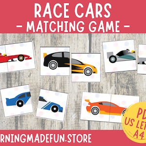 Race Car Matching Game: Toddler Learning Activity (PDF)