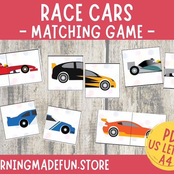 Race Cars Matching Game for kids, Learning Activity, Cars Games for boys, Toddler Matching Activity, Learning Binder, Preschool Centers