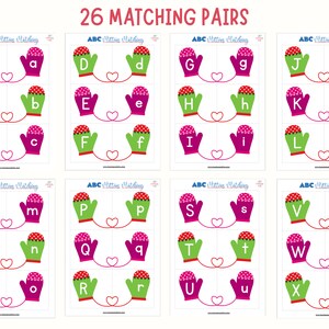 Puede incluir: Un juego de correspondencia de alfabeto imprimible con 26 pares de guantes con letras. Los guantes son rojos, verdes y rosas con lunares blancos. Las letras est&aacute;n en may&uacute;sculas y min&uacute;sculas.