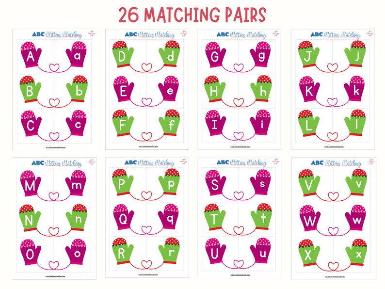 Puede incluir: Un juego de correspondencia de alfabeto imprimible con 26 pares de guantes con letras. Los guantes son rojos, verdes y rosas con lunares blancos. Las letras est&aacute;n en may&uacute;sculas y min&uacute;sculas.