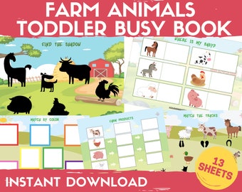 Pode incluir: Um conjunto de 13 folhas de atividades imprimíveis com tema de animais de fazenda para crianças pequenas. As folhas incluem atividades como combinar sombras, combinar cores, combinar produtos agrícolas e combinar pegadas de animais. O texto "FARM ANIMALS TODDLER BUSY BOOK" está no topo da imagem.