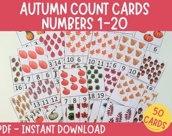 Autumn Count Clip Cards, Numbers 1-20 Count Activity, Montessori Learning, Preschool Math Center, Counting Activity Cards, Learn to count