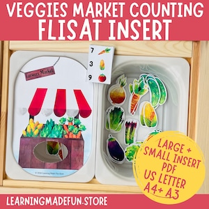 May include: A printable learning activity for children featuring a colorful illustration of a farmer's market stand with a variety of vegetables. The activity includes a counting component with a separate card showing the numbers 7, 3, and 9. The image also includes a separate tray with various vegetable cutouts for the child to sort and count. The text "VEGGIES MARKET COUNTING FLISAT INSERT LARGE + SMALL INSERT PDF US LETTER A4+ A3" is visible in the image.