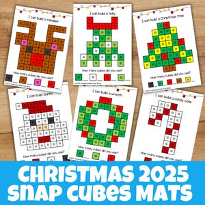 May include: Christmas-themed snap cube mats with designs of a reindeer, holly, Christmas tree, Santa, wreath, and candy cane. Each mat has a grid of coloured squares and prompts to count the cubes used. The mats are designed for educational activities.
