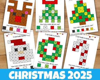 Tapetes de cubos encajables navideños / Centros de matemáticas para preescolar y jardín de infancia / Actividades imprimibles de conteo, motricidad fina y STEM para las fiestas, cubos para contar