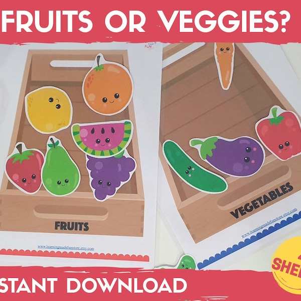 Fruits and Vegetables Sorting Activity, Educational Preschool Worksheets, Printable Activities Homeschool, Toddler Busy Book Matching Game