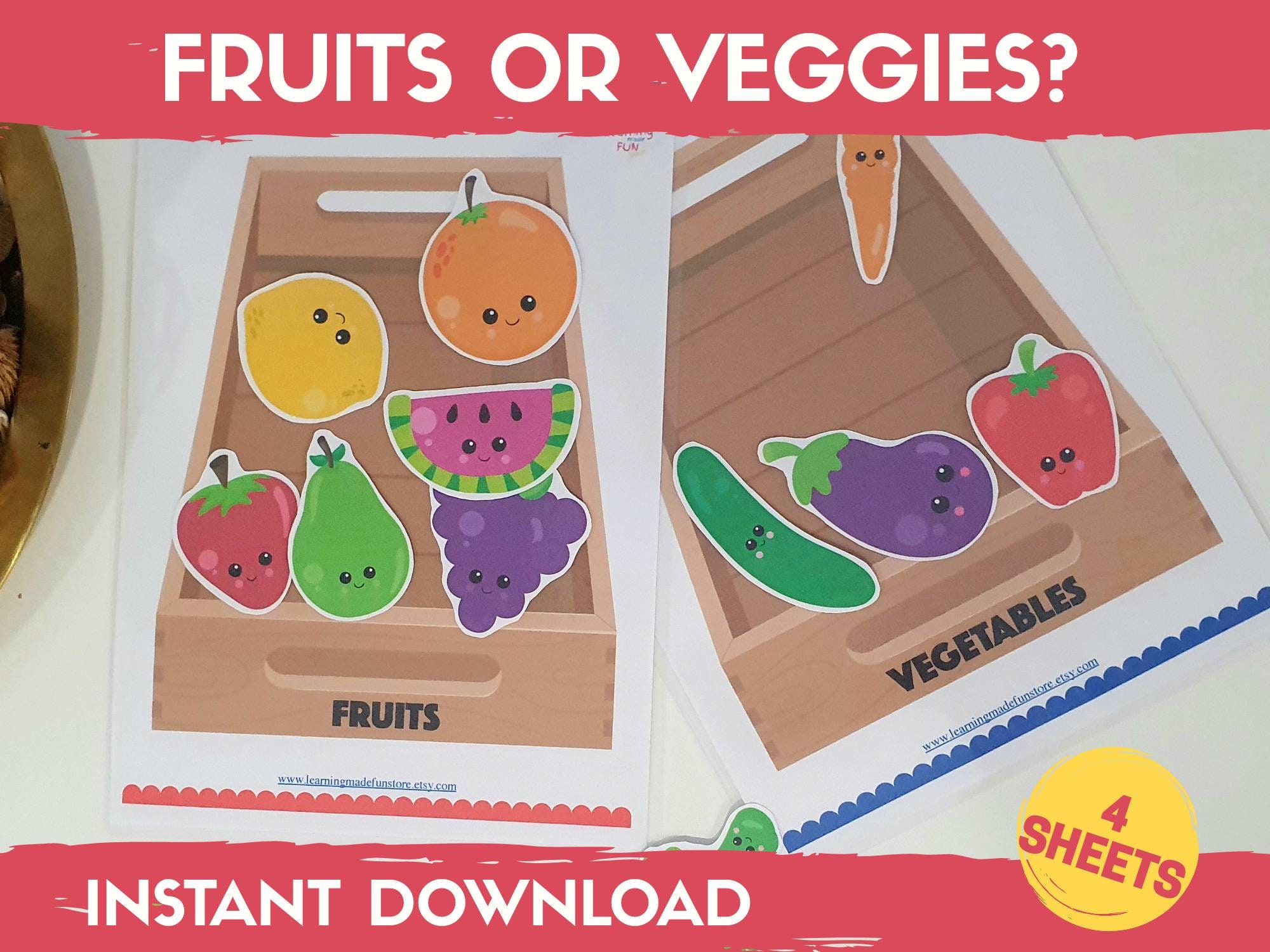Fruits and Vegetables Sorting Activity, Educational Preschool Worksheets, Printable Activities Homeschool, Toddler Busy Book Matching Game