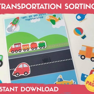 Transporte terrestre, aéreo y acuático, juego de clasificación de transporte, imprimibles preescolares, actividad para niños pequeños imprimible, actividad de educación en el hogar, libro ocupado