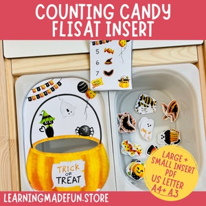May include: A Halloween-themed counting activity for kids. A pumpkin-shaped bucket with a black cat, ghost, and spider is on the left. On the right is a white tray with a variety of Halloween-themed stickers. A card with numbers 5, 6, and 7 is on the top left. The card shows a candy, a witch's hat, and a bat. The text "Trick or Treat" is on the card. The text "Large + Small Insert PDF US Letter A4+ A3" is on the bottom right.