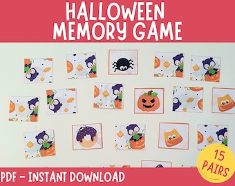May include: Halloween memory game with 15 pairs of cards featuring images of owls, pumpkins, candy corn, spiders, and donuts. The cards are printed on white paper with a light orange border. The text "15 PAIRS" is printed in yellow on a white circle.