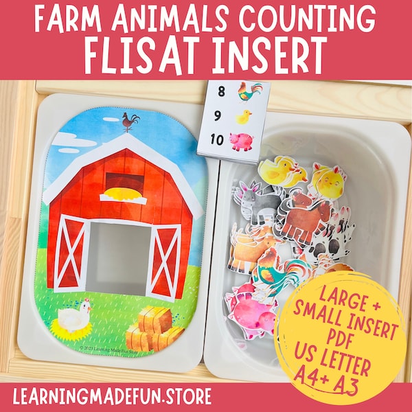 Conteo de animales de granja, inserto Flisat imprimible, inserto Trofast, juego de simulación preescolar, juego dramático para niños pequeños, para mesa sensorial, aprendizaje