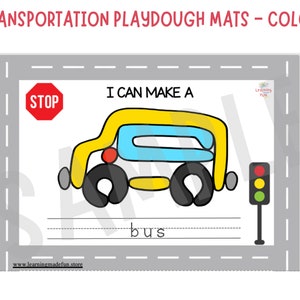 Puede incluir: Una alfombra de plastilina imprimible que presenta un autob&uacute;s amarillo con ventanas azules y ruedas negras. La alfombra incluye las palabras "Puedo hacer un autob&uacute;s" y un espacio para que los ni&ntilde;os escriban la palabra "autob&uacute;s".