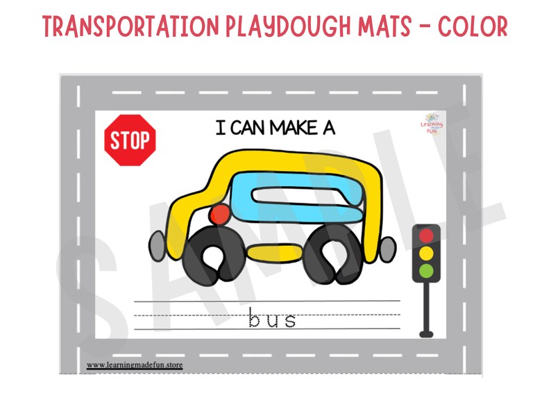 Puede incluir: Una alfombra de plastilina imprimible que presenta un autob&uacute;s amarillo con ventanas azules y ruedas negras. La alfombra incluye las palabras "Puedo hacer un autob&uacute;s" y un espacio para que los ni&ntilde;os escriban la palabra "autob&uacute;s".