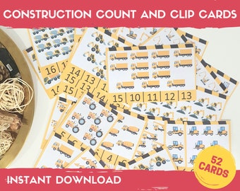 May include: A set of 52 construction vehicle count and clip cards. The cards feature yellow construction vehicles such as dump trucks, excavators, and bulldozers. The cards are designed for children to count and clip the vehicles.