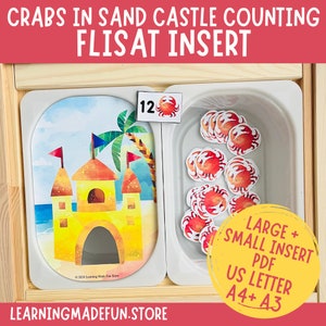May include: A white tray with a sandcastle illustration and a number 12 card. A second white tray holds red and white crab cutouts. The text "CRABS IN SAND CASTLE COUNTING FLISAT INSERT" is at the top of the image. The text "LARGE + SMALL INSERT PDF US LETTER A4+ A3" is at the bottom right of the image.