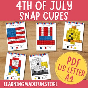 May include: Educational printable cards for 4th of July-themed activities. The cards feature designs of the USA flag, a hat, a liberty bell, a ribbon, and an eagle, all constructed from snap cubes. The cards are labeled "PDF US LETTER A4".