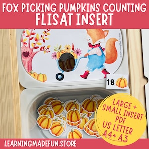 May include: A printable counting activity for kids featuring a fox picking pumpkins. The printable includes a FLISAT insert, a number card, and a set of pumpkin cutouts. The activity is designed for children to count the pumpkins and match them to the number card. The printable is available in both US Letter and A4 sizes.
