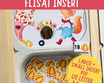May include: A printable counting activity for children featuring a fox picking pumpkins. The printable includes a FLISAT insert, a number card, and a set of pumpkin cutouts. The activity is designed for children to count the pumpkins and match them to the number card. The printable is available in both A4 and US Letter sizes.