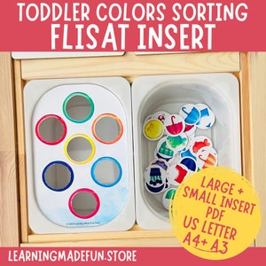 Könnte beinhalten: Ein Holzspielzeug mit einem weißen Einsatz mit bunten Kreisen und einem separaten weißen Behälter, der mit bunten Kreisen gefüllt ist. Der Text "LARGE + SMALL INSERT PDF US LETTER A4+ A3" ist auf dem Bild gedruckt.