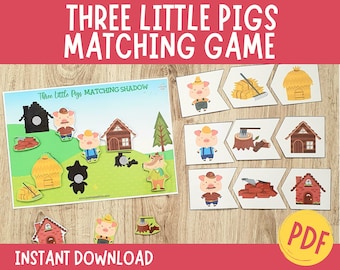 May include: A printable Three Little Pigs matching game for kids. The game features three pigs, a wolf, a straw house, a stick house, a brick house, and other related items. The game is designed to help children learn about the story of the Three Little Pigs.