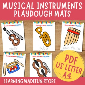 Musikinstrumente spielen Knetematten, druckbare Play Doh Kleinkindaktivitäten, Vorschul-Feinmotorik, Knetematten, Musikaktivität
