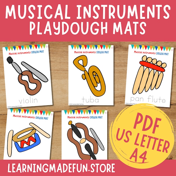 Musical Instruments Play Dough Mats, Printable Play Doh Toddler Activities, Preschool Fine Motor Skills, Playdough Mats, Music Activity