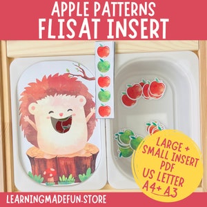 Puede incluir: Un juguete de madera con un recorte de erizo y una bandeja separada con pegatinas de manzanas rojas y verdes. La bandeja está etiquetada "Large + Small Insert PDF US Letter A4+ A3".