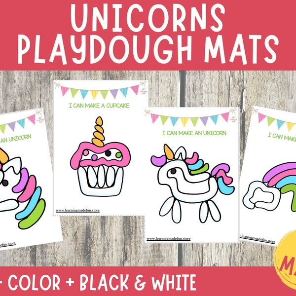 Unicorn Play dough Mats, Play Doh Preschool Activity, Party Crafts, Birthday Party Favors, Fine Motor Skills Play Doh Learning Toddler