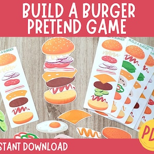 Build a Burger Pretend Play, Burger Dramatic Play, Preschool Center, Printable, Role Play Set Kids, Kindergarten, Learning Activity, Toddler