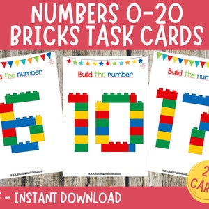 Numbers 0-20 Brick Task Cards, Number Building Card, Fine Motor Activities for Toddlers, Math Centers, Number Learning, Preschool Curriculum