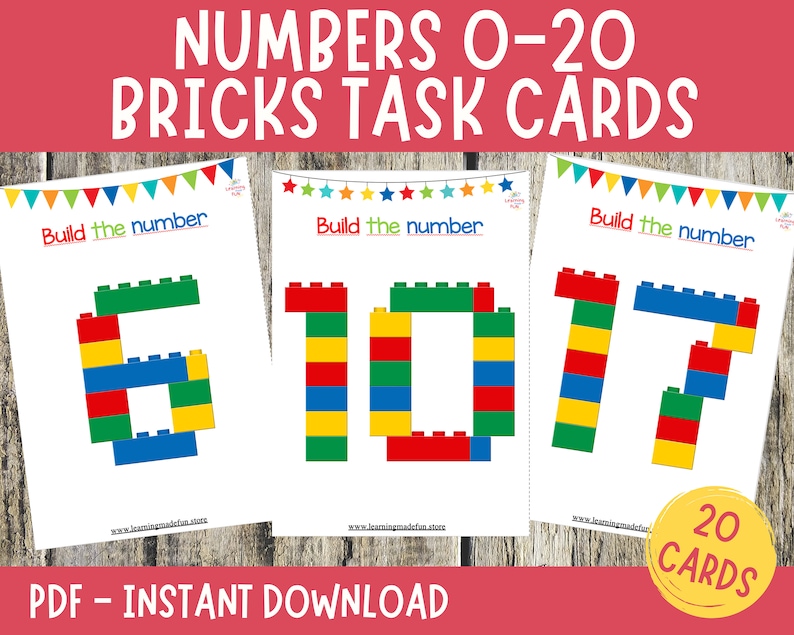 Numbers 0-20 Brick Task Cards, Number Building Card, Fine Motor Activities for Toddlers, Math Centers, Number Learning, Preschool Curriculum image 1