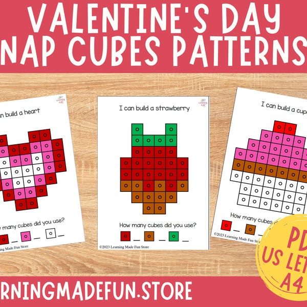 Valentine's Day Snap Cubes Mats, Connecting Cubes Task Cards, Preschool, Kindergarten Game, Math Centers, Fine Motor Skills, Counting