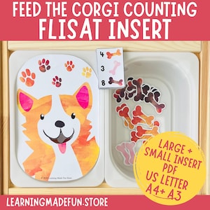 Könnte beinhalten: Ein Lernspielset mit einem Corgi-Thema. Das Set enthält eine farbenfrohe Illustration eines Corgis, Pfotenabdrücke, knochenförmige Zählplättchen und Zahlenkarten. Der Text "FEED THE CORGI COUNTING FLISAT INSERT" ist oben abgebildet.