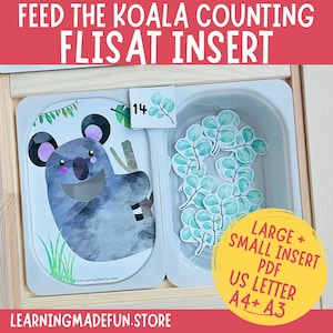 May include: A printable koala counting activity for kids. The image shows a koala with a cut-out mouth, a tray of eucalyptus leaves, and a number card with the number 14. The text "FEED THE KOALA COUNTING FLISAT INSERT LARGE + SMALL INSERT PDF US LETTER A4+ A3 LEARNINGMADEFUN.STORE" is also visible.