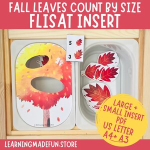 Puede incluir: Un inserto FLISAT de madera con un recorte de árbol de acuarela y una bandeja de hojas de otoño rojas. La bandeja tiene una tarjeta de número con el número 3 y 3 hojas. El inserto está etiquetado como "Fall Leaves Count by Size FLISAT Insert" y "Large + Small Insert PDF US Letter A4+ A3".