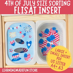 May include: A blue and white Fliseat insert with cutouts shaped like hearts and a hat. The insert has a 4th of July theme with fireworks, stars, and red, white, and blue stripes. A white plastic container with red, white, and blue heart-shaped pieces is next to the insert. The text "LARGE + SMALL INSERT PDF US LETTER A4+ A3" is on a red circle.