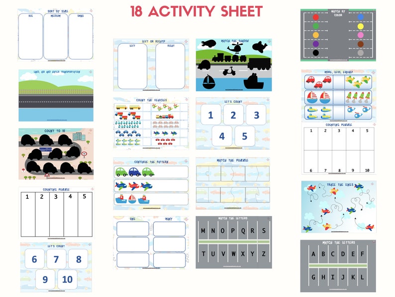 May include: A printable activity sheet with 18 different activities for kids. The activities include counting, matching, tracing, and sorting. The theme of the activities is transportation, with images of cars, trucks, airplanes, and boats.