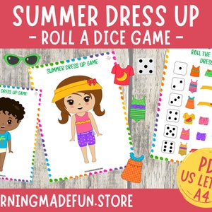 Pode incluir: Um jogo de vestir de verão imprimível para crianças. O jogo inclui dois cartões de personagens, um cartão de dados e um cartão com várias roupas de verão. O jogo é projetado para ser impresso em papel tamanho carta ou A4.