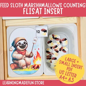 Puede incluir: Una actividad de aprendizaje imprimible para niños pequeños y preescolares que presenta un perezoso sosteniendo un malvavisco en un palo junto a una fogata. La imprimible incluye una tarjeta de número con el número 12 y una bandeja de 12 imágenes de malvaviscos. El texto "Feed Sloth Marshmallows Counting Flisat Insert" está en la parte superior de la imagen. El texto "Large + Small Insert PDF US Letter A4 + A3" está en la parte inferior de la imagen.