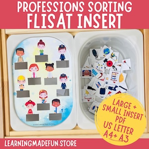 May include: A white plastic tray with a blue and white illustration of various professions. The tray has 16 slots for inserting small cards. A white plastic bowl with a variety of small cards depicting different professions. The text on the tray reads "PROFESSIONS SORTING FLISAT INSERT" and "©2024 Learning Made Fun Store". The text on the bowl reads "LARGE + SMALL INSERT PDF US LETTER A4+ A3".