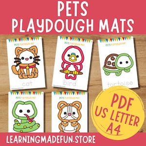 Mascotas Play Doh Mats Tarjetas visuales, Play Dough imprimible Actividades para niños pequeños, Materiales Montessori de educación en el hogar Kindergarten Preescolar