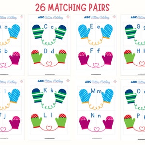Puede incluir: Una hoja de trabajo imprimible con 26 pares de guantes, cada uno con una letra diferente del alfabeto. Los guantes son de varios colores, incluyendo azul, verde, rojo y blanco. Las letras est&aacute;n impresas en negro.