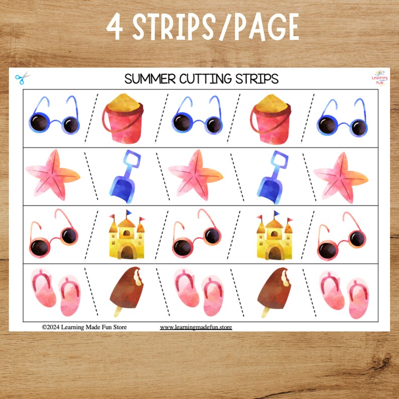 May include: A printable worksheet with 4 strips per page for cutting practice. The worksheet features summer-themed images such as sunglasses, pails, sandcastles, flip-flops, and ice cream cones.