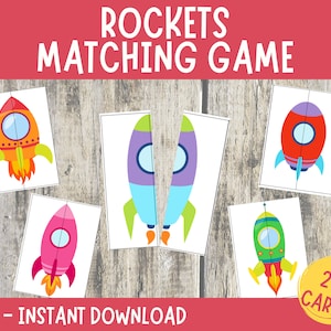 May include: A printable rocket matching game with 24 cards. The cards feature colourful rockets with different coloured flames and windows. The game is designed to help children learn to match objects.