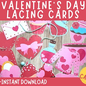 Valentinstag druckbare Schnürkarten, Feinmotorik-Aktivität für Kleinkinder, Montessori-Bindespielzeug, Lernaktivität für Kinder, Vorschulzentren
