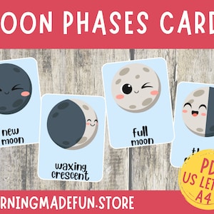 Tarjetas didácticas de las fases de la luna, Tarjetas de las fases de la luna imprimibles, Tarjetas didácticas para niños pequeños, Plan de estudios preescolar, Imprimible Prek, Tarjetas didácticas preescolares