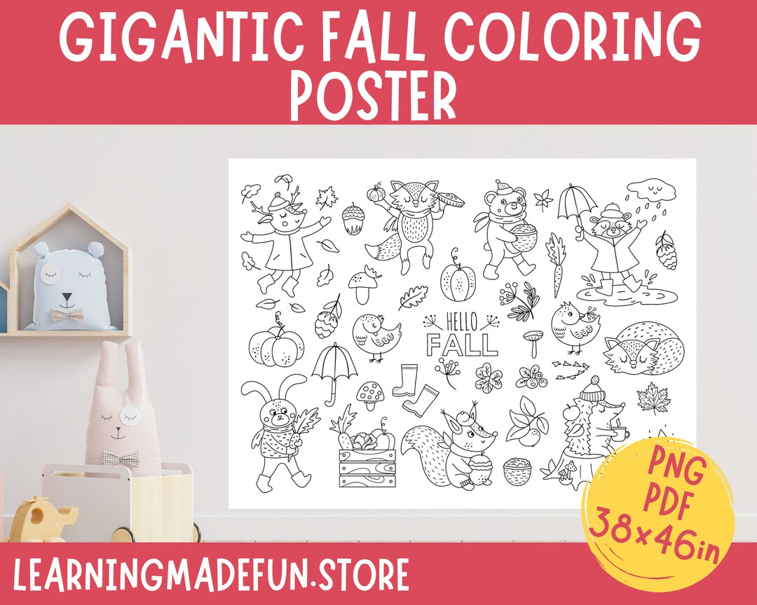 Giant Fall Coloring Poster Homeschool Printables Black and White Large Coloring Page Nature ...